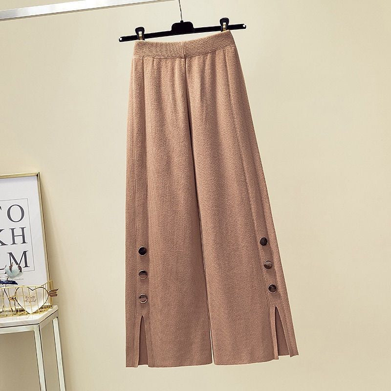 High Waist Design Sense Bootcut Pants Loose Slimming And Wide Leg Slit Knitted Women's Casual Trousers