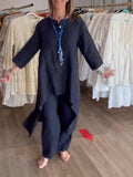 Completo donna casual in cotone e lino con maniche lunghe, colore solido, marca Valstrend, abbigliamento comodo e elegante