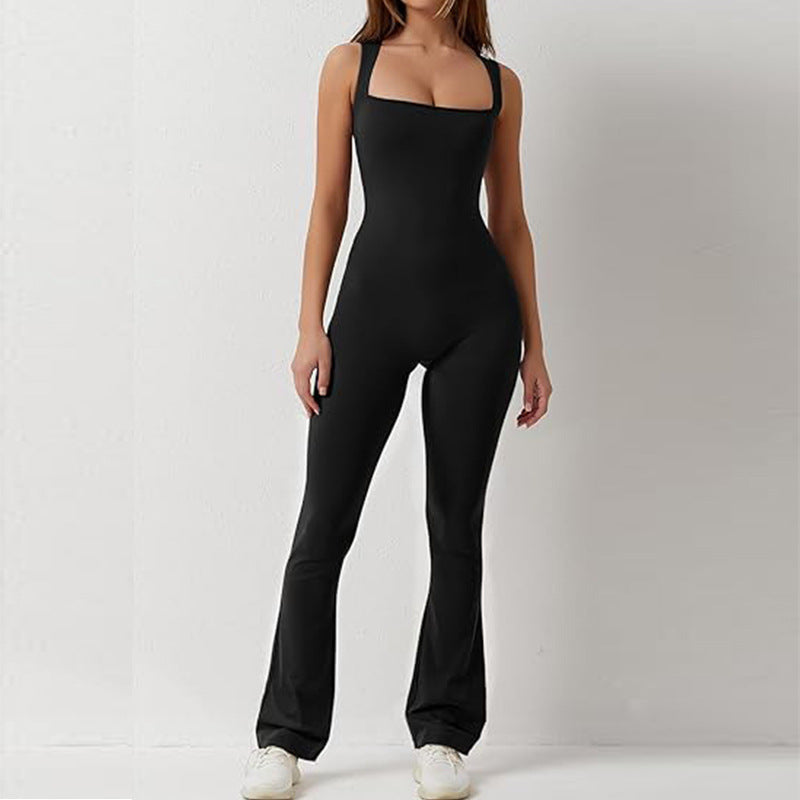Pantaloni yoga foderati a campana con gilet quadrato colorato unito, senza cuciture, marca Valstrend shop, visibili in dettaglio.