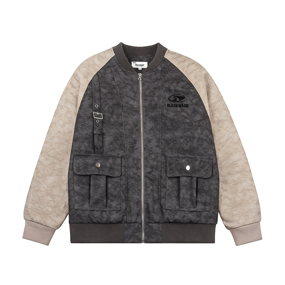 Giacca da baseball in pelle PU e cotone con maniche raglan a contrasto di colori, stile patchwork, marca Valstrend.
