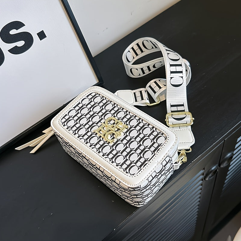 Borsa a tracolla Valstrend con blocchi di colori, lettere stampate, tracolla larga e forma quadrata, ideale per uso quotidiano e serate.