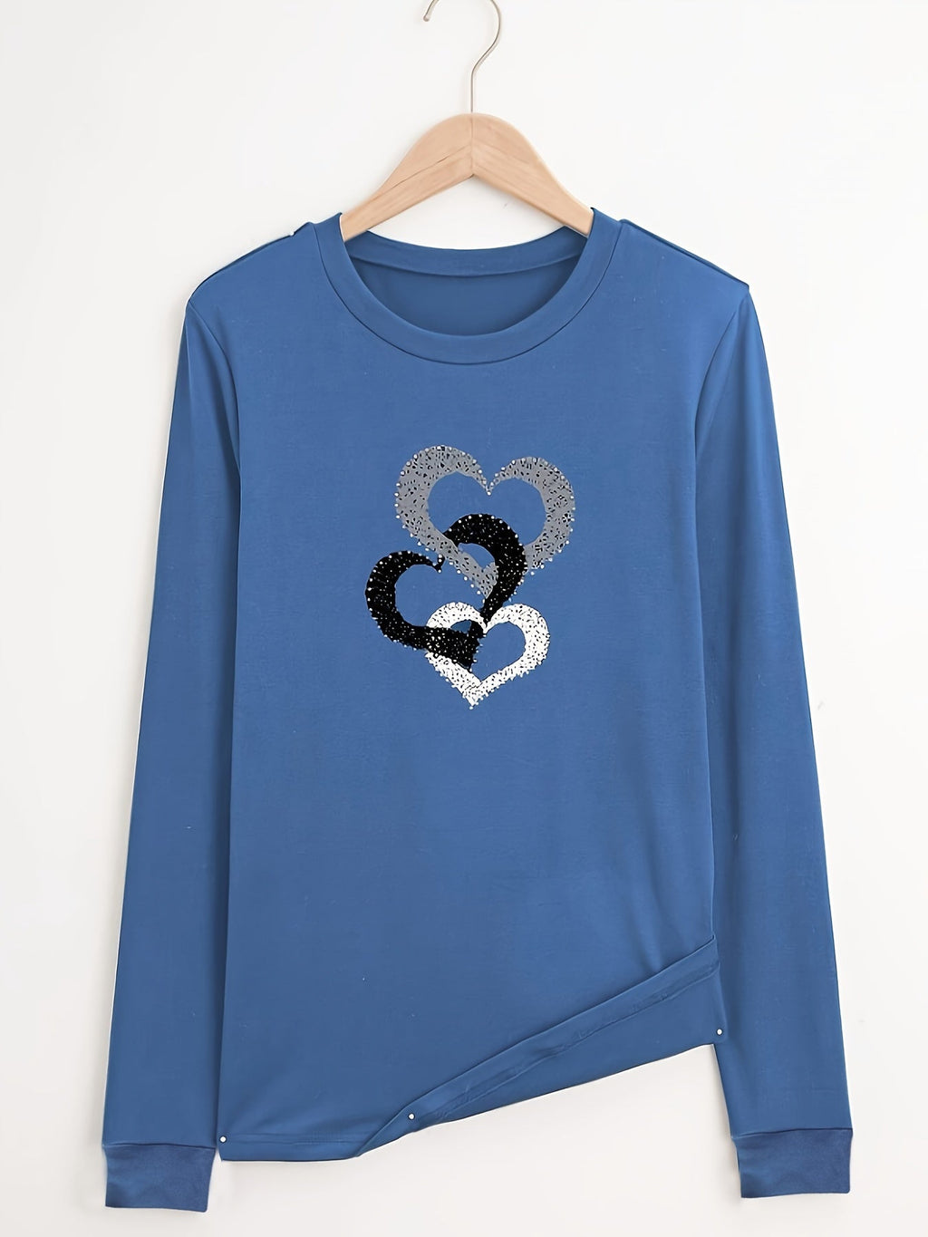 T-shirt blu con stampa a cuore per donna, maniche corte, tessuto elasticizzato in poliestere, lavabile in lavatrice, stile casual.