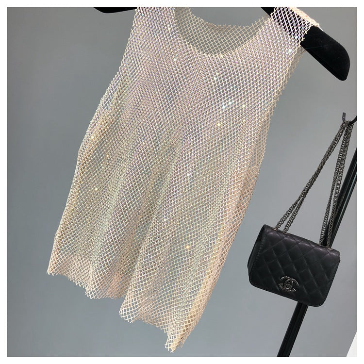 Gilet a rete con paillettes e vita alta per donna, senza maniche, con dettagli a diamante chiaro, marca Valstrend shop.