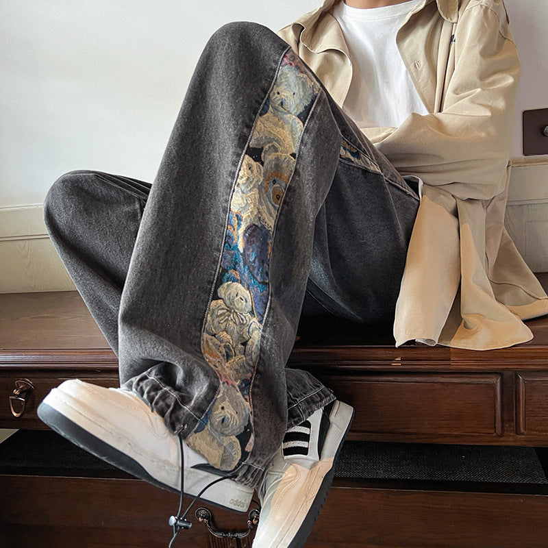 Jeans da uomo Valstrend Shop in stile casual con cuciture a orso, vestibilità larga e tessuto autunnale, pantaloni casual comodi.