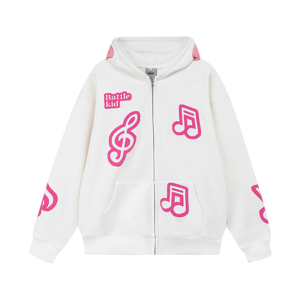 Note Printing Plus Velvet Hooded Sweater Cardigan