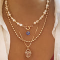 Collana punk stile classico con perle finte, pendenti occhielli e Hamsa, unisex, per uso quotidiano e vacanze, Valstrend.