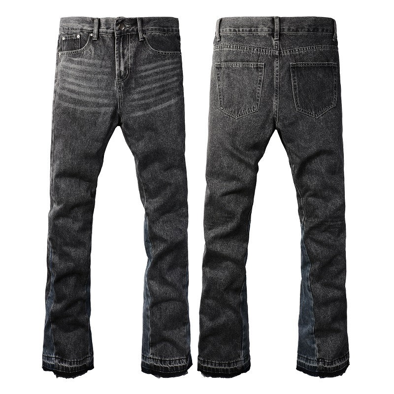 Jeans flare Valstrend con patchwork a gradiente, contrasto bianco e dettagli di lavaggio, stile casual e moderno.