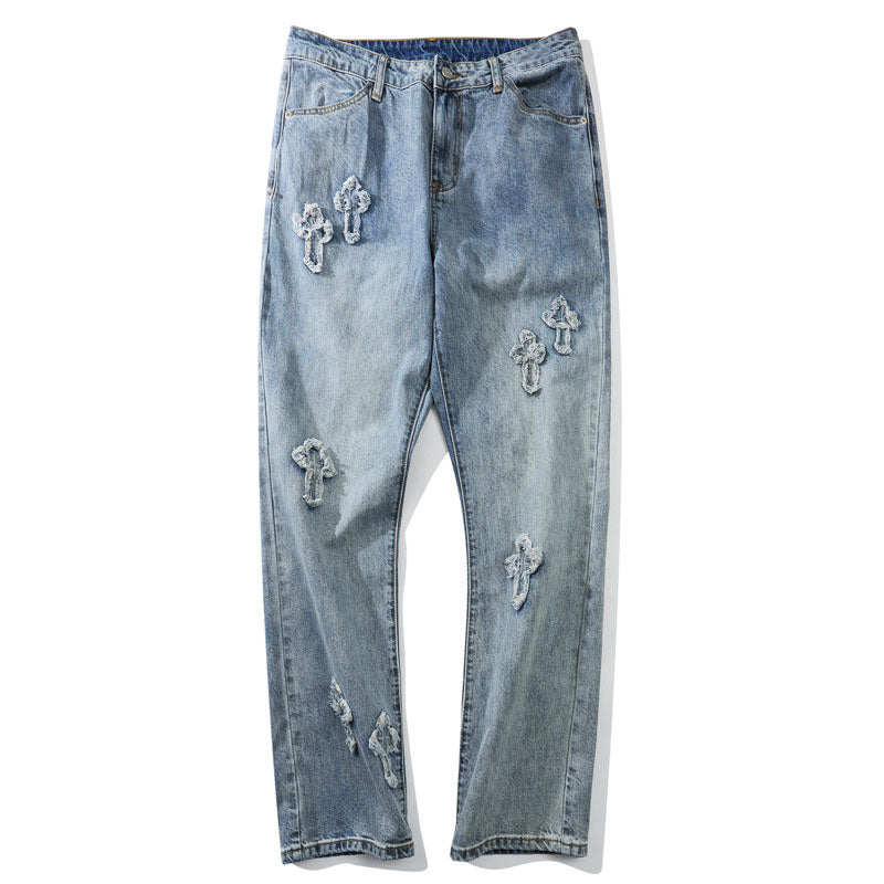 American Street Cross Jeans Men's Ins Fashionable Retro Straight Washed Loose Casual Trousers