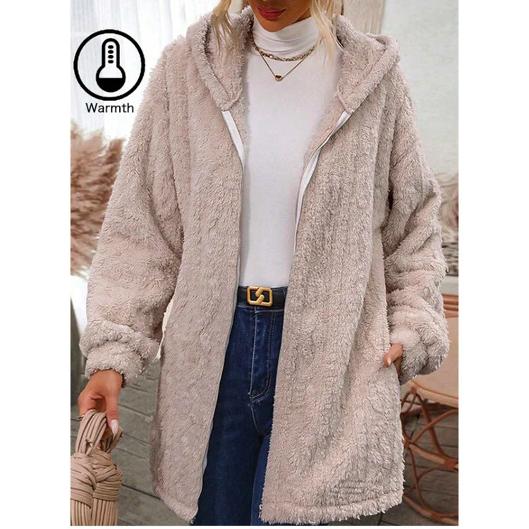Cardigan lungo con cappuccio e maniche lunghe da donna Valstrend, stile casual e confortevole, colore grigio chiaro.