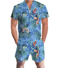 Tuta corta estiva Valstrend shop con stampa foglie hawaiane, maniche corte, tessuto leggero e stile casual e fresco.