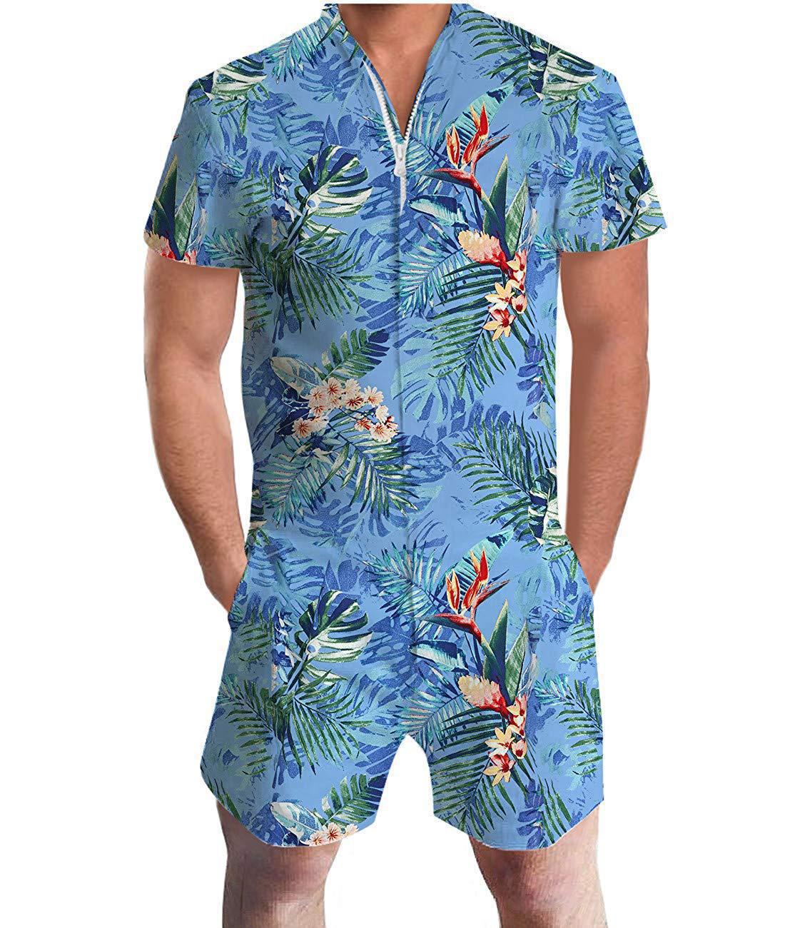 Tuta corta estiva Valstrend shop con stampa foglie hawaiane, maniche corte, tessuto leggero e stile casual e fresco.