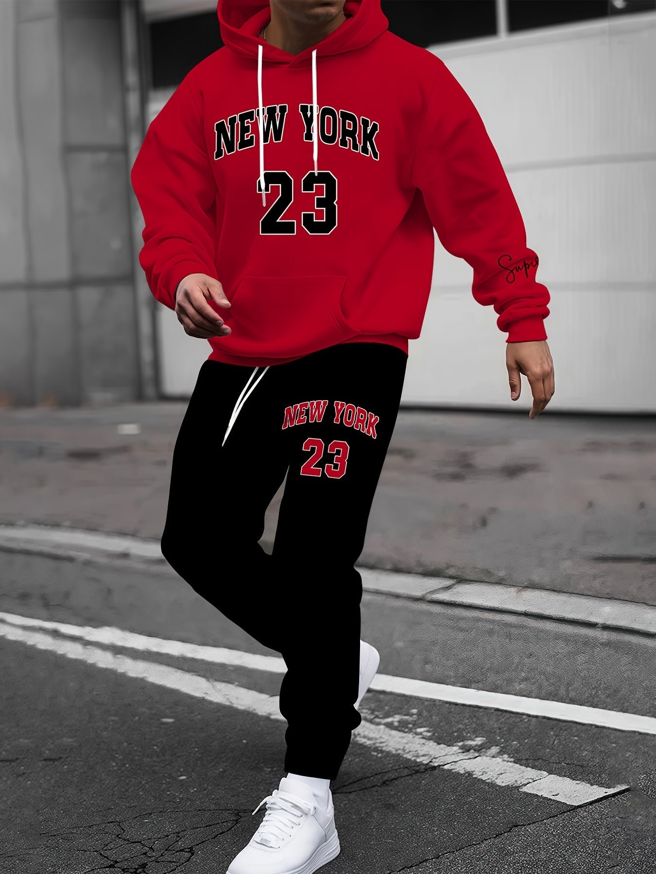 Completo sportivo casual da uomo Valstrend con felpa con cappuccio e pantaloni abbinati, stampa New York 23, maniche lunghe, tessuto elasticizzato