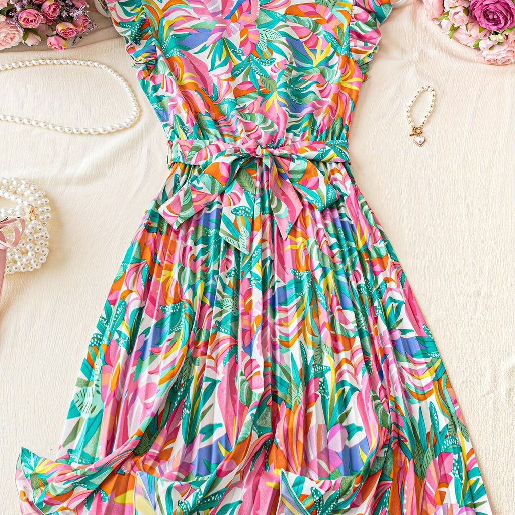 Vestito a linea A con stampa floreale tropicale, maniche ruchinate, spalla scoperta e gamba alta, ideale per primavera e estate.