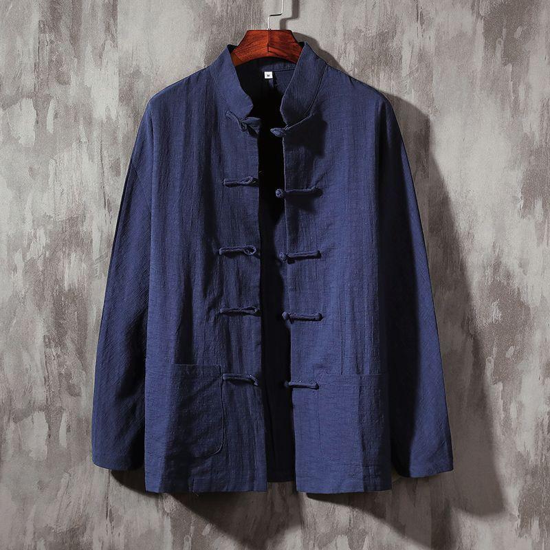 Camicia lunga in lino e cotone stile cinese con colletto stand-up, maniche lunghe e chiusura con fibbia, marca Valstrend.