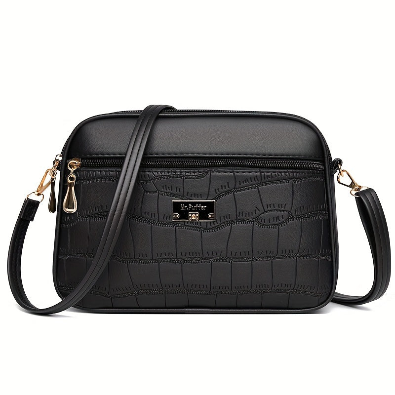 Borsa a tracolla donna in PU con motivo coccodrillo, grande capacità, tracolla regolabile e stile semplice.