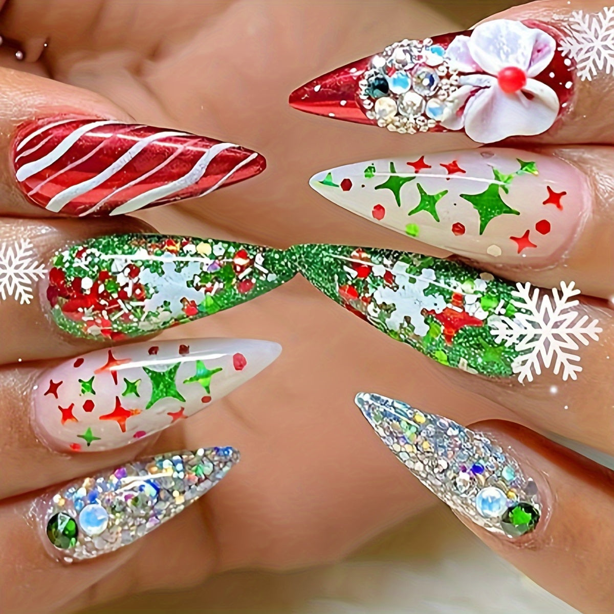24pcs Christmas Almond Press-On Nails Set - Medium Length, Red & Green Snowflake Design with Rhinestones, Glossy Finish, Perfect Fit for Women - Ideal Holiday Manicure Gift