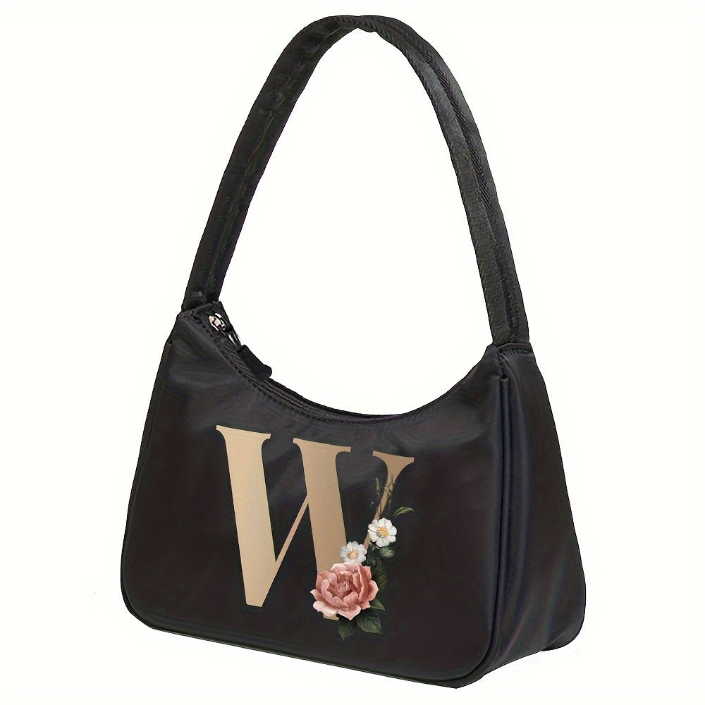 Floral Letter Print Shoulder Bag, Fashion Nylon Underarm Bag, Women's Zipper Handbag & Purse