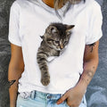 Maglietta donna Valstrend con stampa di gatto carino, maniche corte e girocollo, abbigliamento casual quotidiano