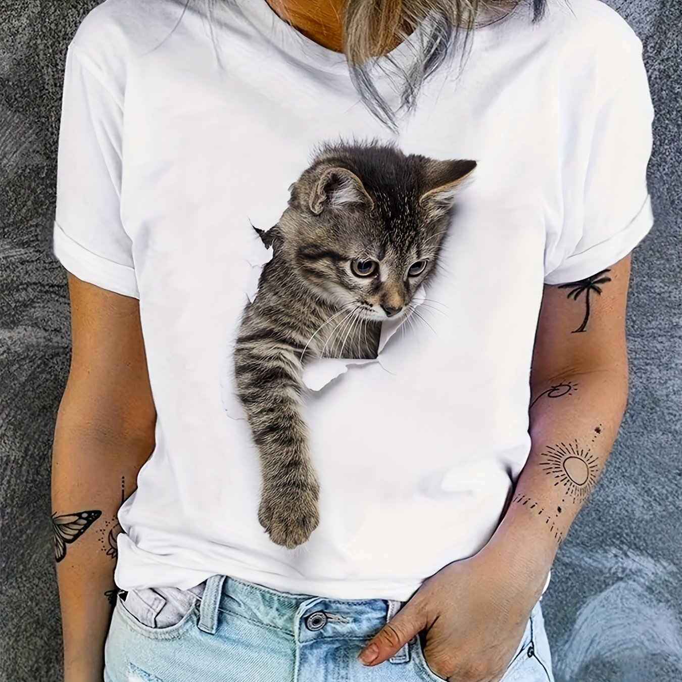 Maglietta donna Valstrend con stampa di gatto carino, maniche corte e girocollo, abbigliamento casual quotidiano