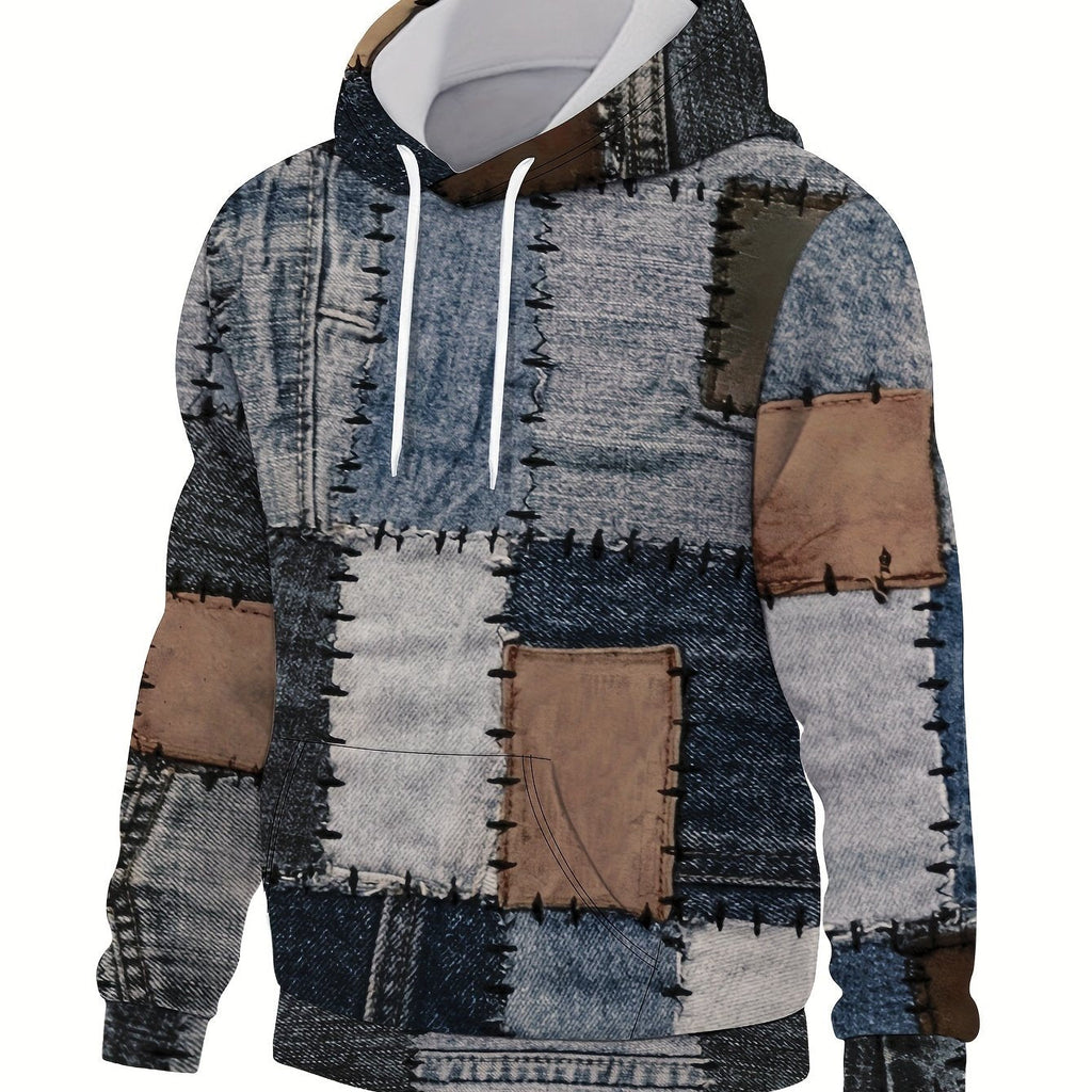 Felpa casual da uomo Valstrend con patchwork geometrico, stampa e tasca kangaroo, morbida e comoda.