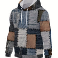 Felpa casual da uomo Valstrend con patchwork geometrico, stampa e tasca kangaroo, morbida e comoda.