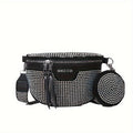 Chic Punk-Style Rhinestone Fanny Pack with Crossbody Strap & Round Coin Purse - Adjustable Belt, Streetwear Inspired, Black Faux Leather
