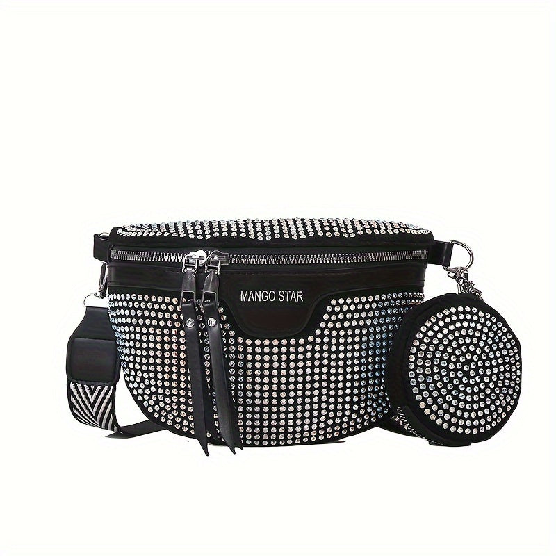 Chic Punk-Style Rhinestone Fanny Pack with Crossbody Strap & Round Coin Purse - Adjustable Belt, Streetwear Inspired, Black Faux Leather