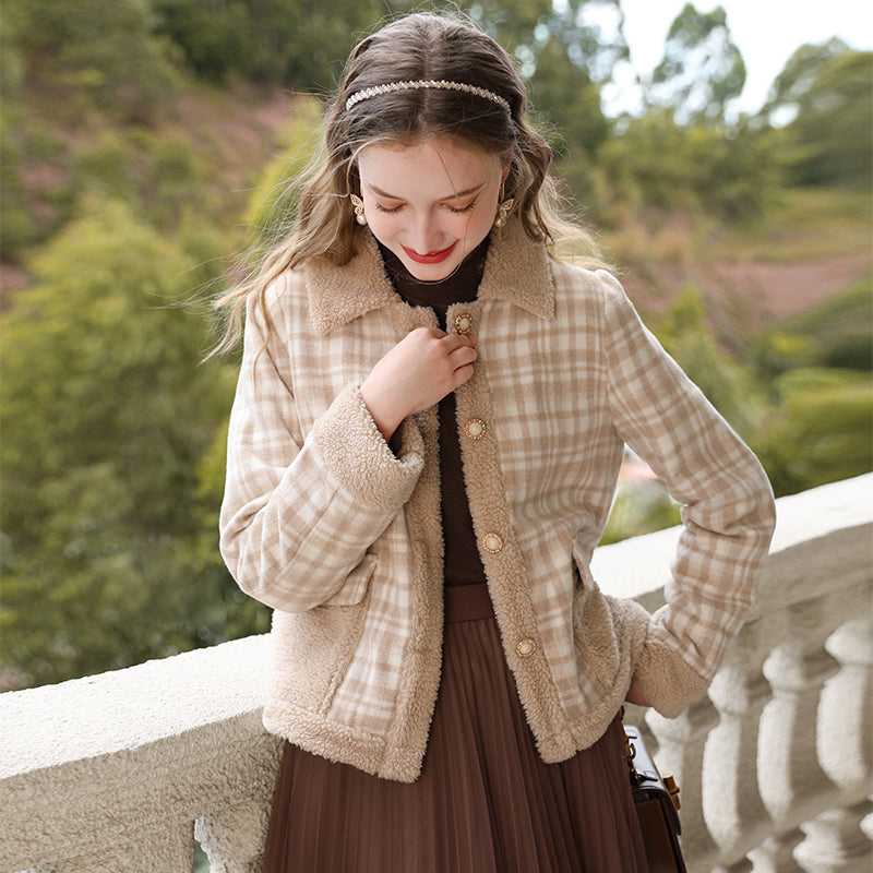 Giacca in cotone checkered con patchwork in cashmere di Valstrend, donna, con motivo a quadri e dettaglio di tessuto morbido