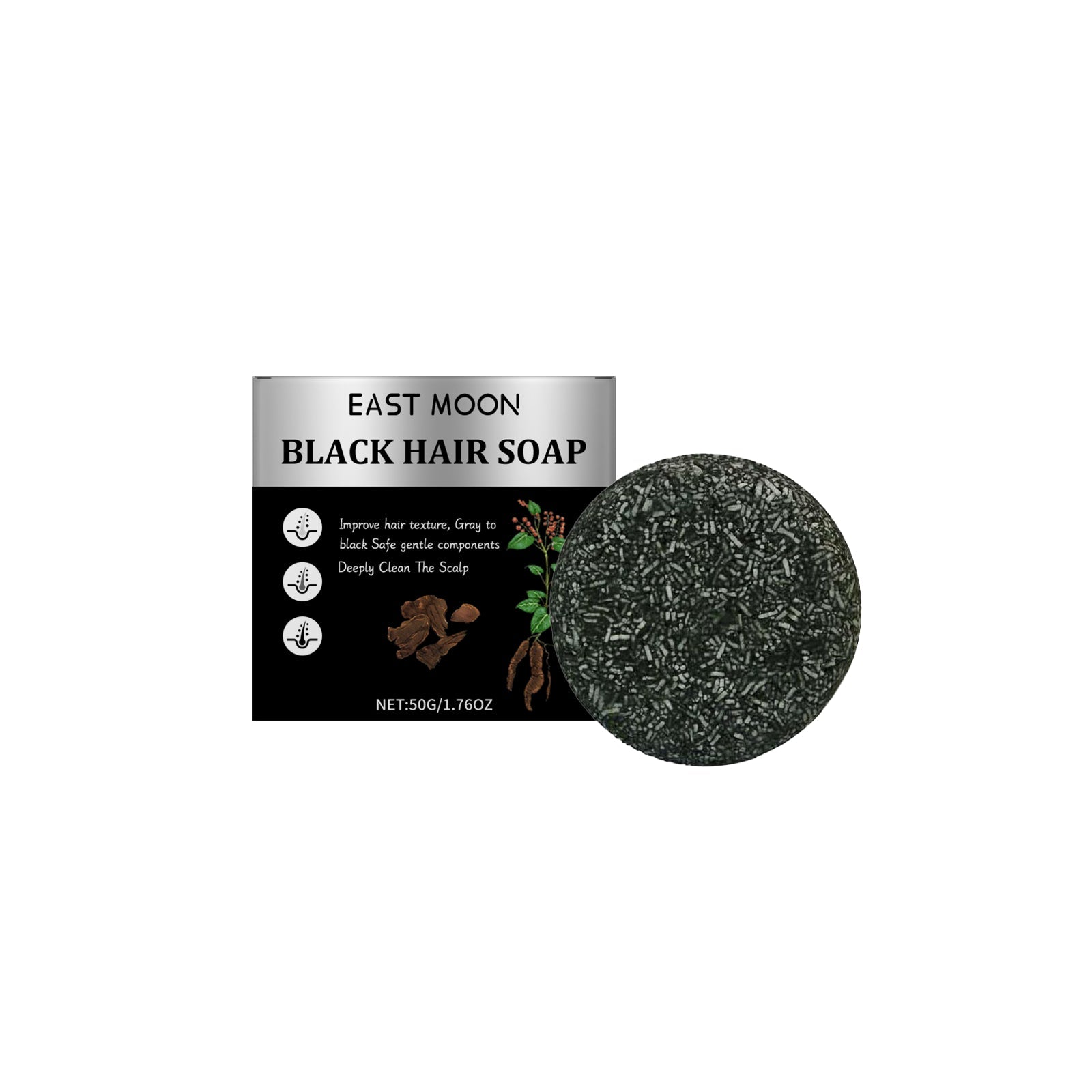 Sapone nero per capelli Valstrend shop, vista del prodotto solido con confezione nera e dettagli naturali.
