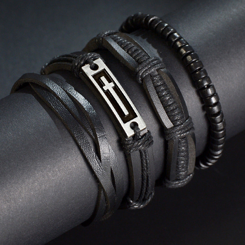 Bracciale in pelle da uomo Valstrend con tessitura a perline multistrato, stile retrò e design elegante e casual.