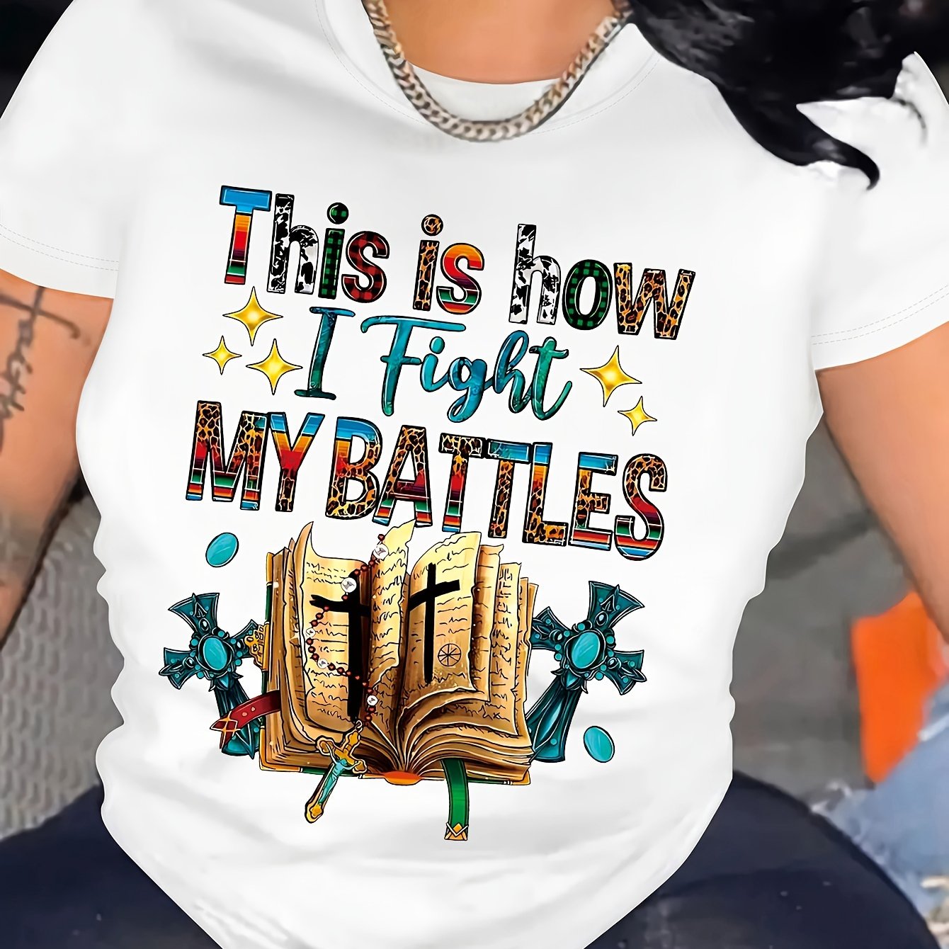 Religious Element Scripture Letter Printed Round Neck T-shirt, Casual Cut Short Sleeved T-shirt, Spring/summer Style, Women's Clothing