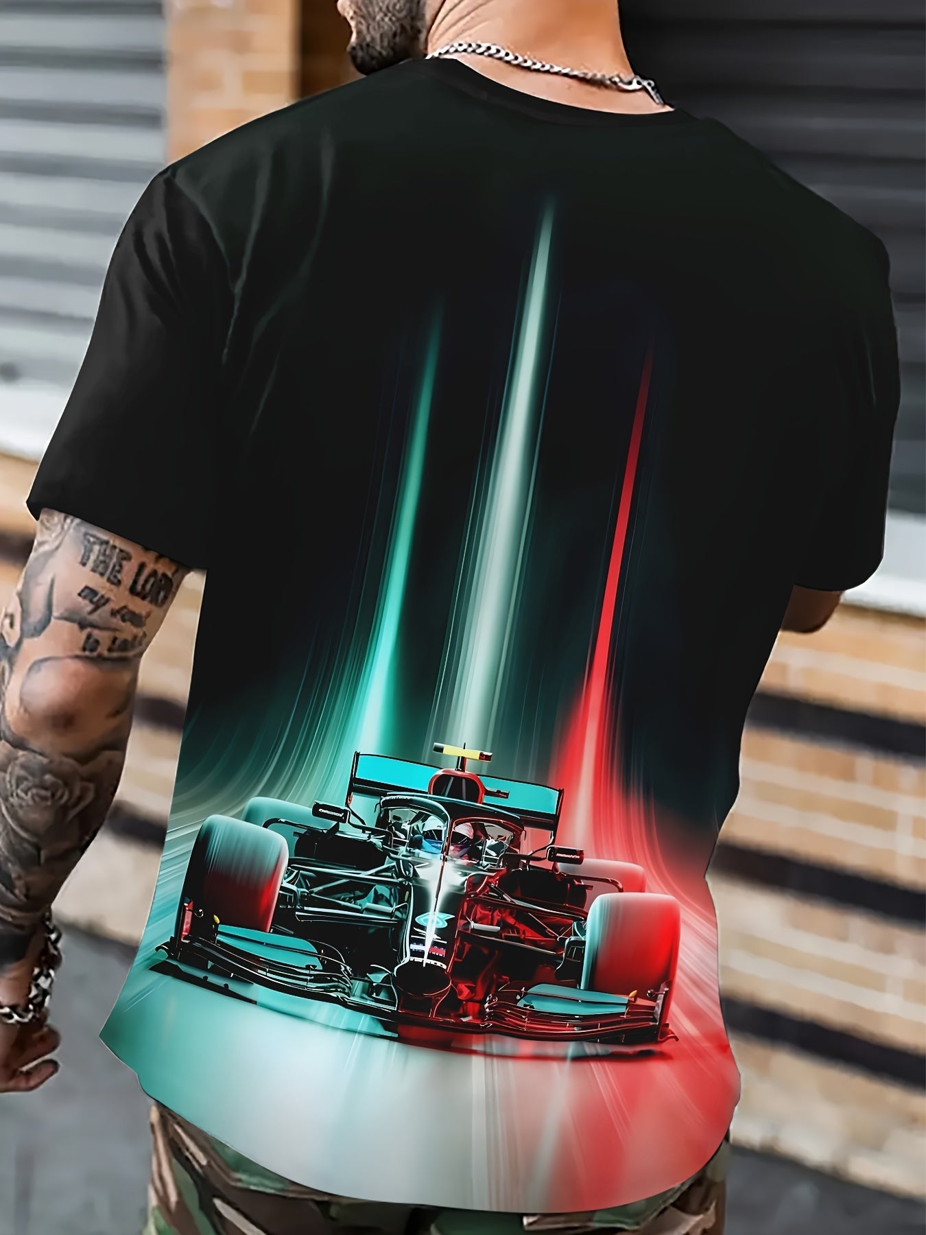 T-shirt da uomo Valstrend con stampa digitale 3D di auto da corsa, maniche corte, collo rotondo, tessuto in poliestere, vestibilità regolare