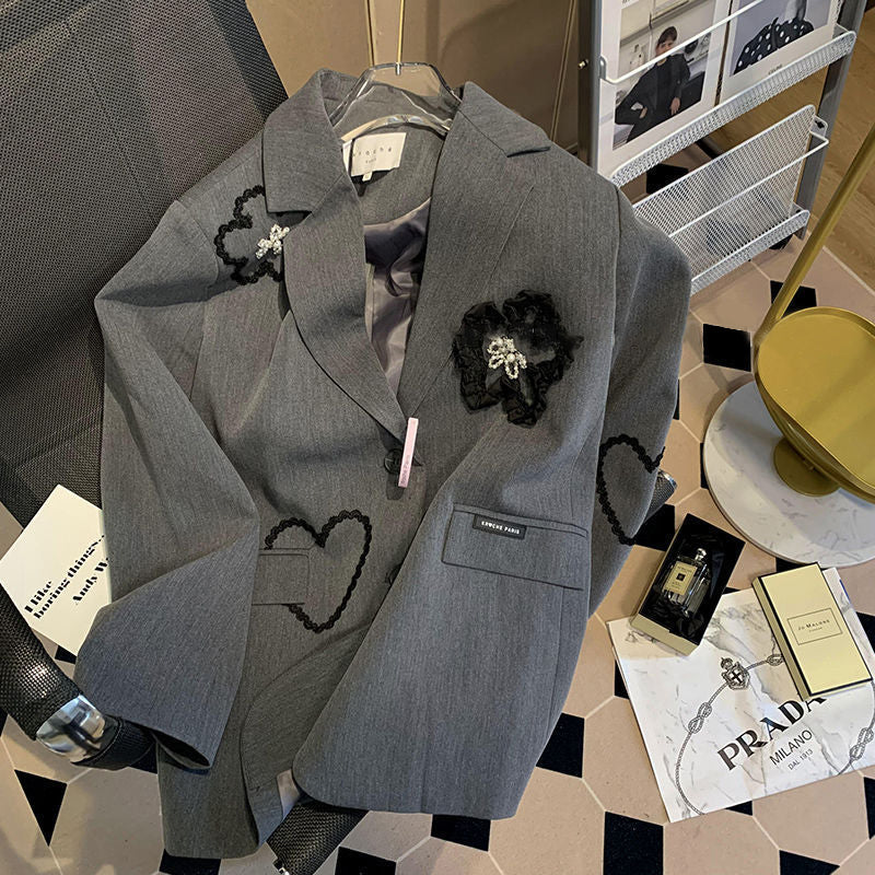 Giacca da completo con ricami floreali tridimensionali e motivo a cuore, stile elegante Valstrend shop.