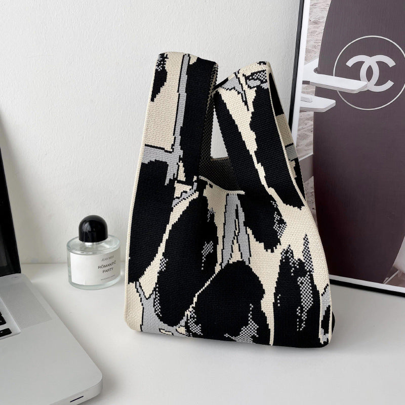 Borsa tote in maglia stile coreano all-match retrò, design casual con dettagli in tessuto colorato.