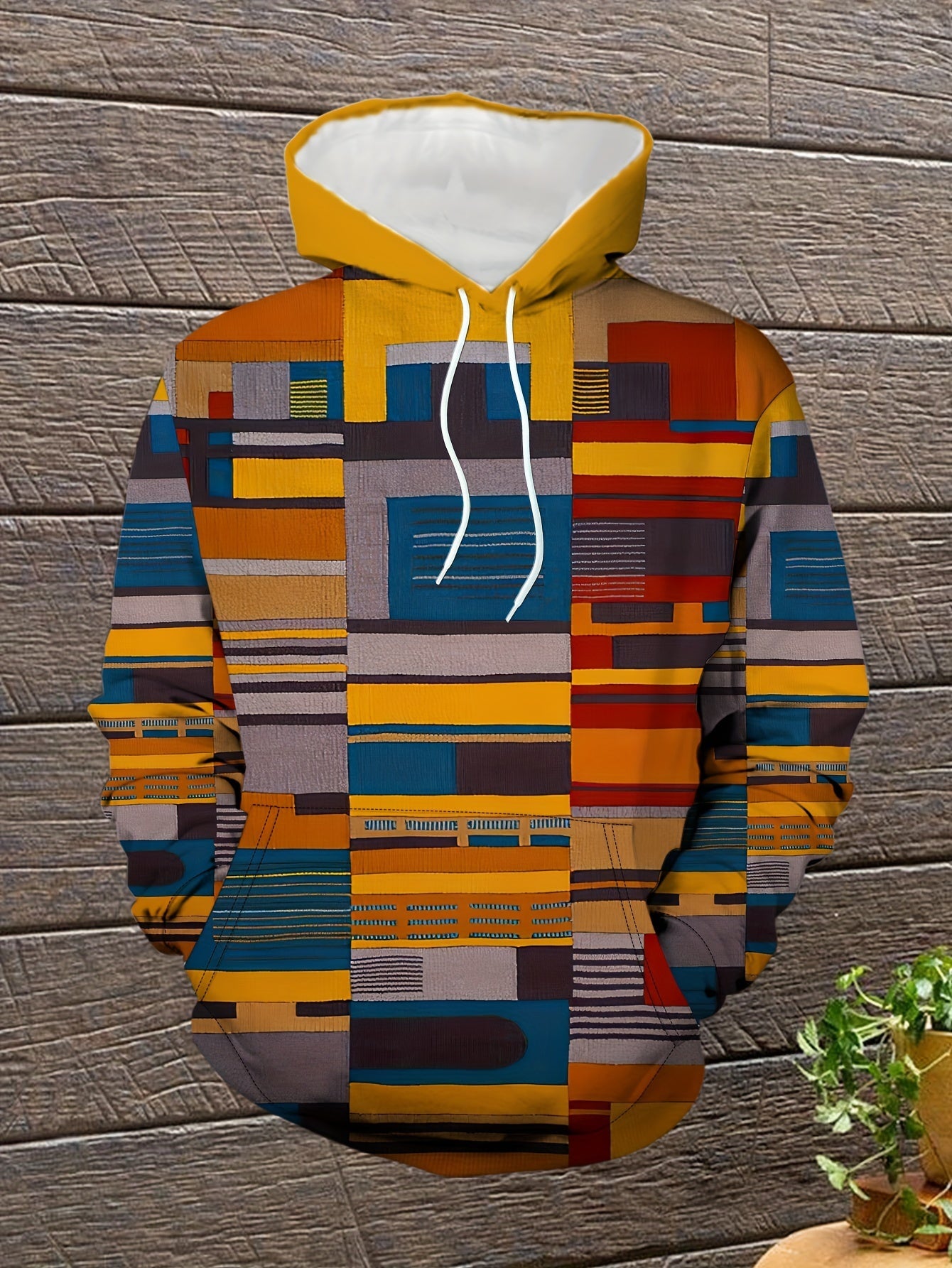 Felpa con cappuccio Valstrend, oversize con stampa geometrica a blocchi di colori, tasca kangaroo e cordoncino, uomo primavera/autunno.