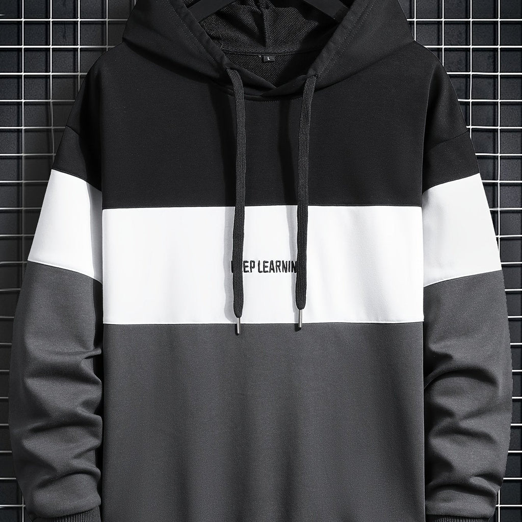 Felpa con cappuccio stampata con lettere, stile casual e streetwear per uomo, colore a blocchi, ideale per inverno e autunno.