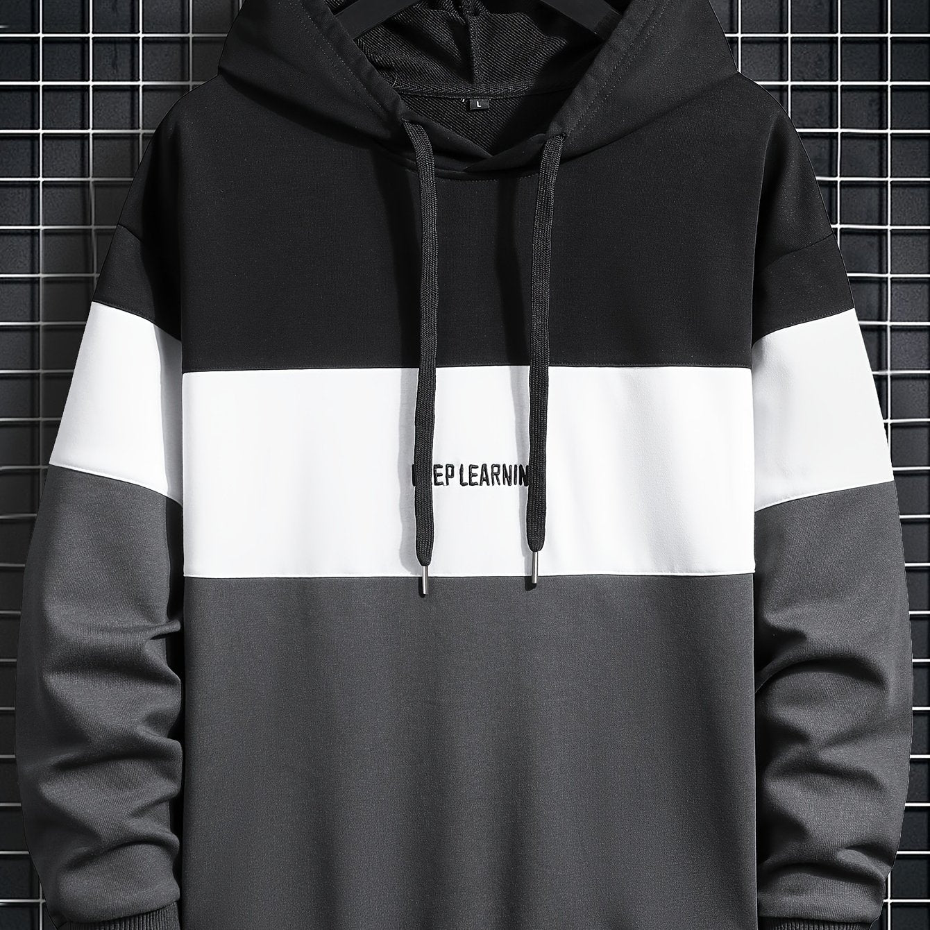 Felpa con cappuccio stampata con lettere, stile casual e streetwear per uomo, colore a blocchi, ideale per inverno e autunno.