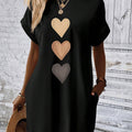 Heart Print Pocket Tee Dress, Batwing Sleeve Crew Neck Casual Dress For Summer & Spring, Women's Clothing
