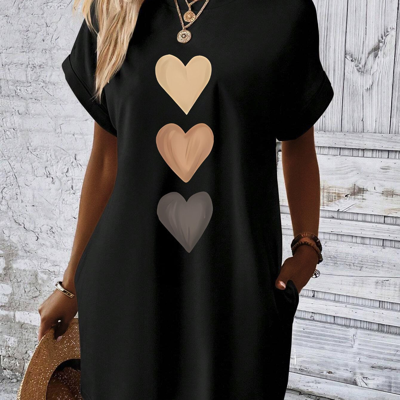 Heart Print Pocket Tee Dress, Batwing Sleeve Crew Neck Casual Dress For Summer & Spring, Women's Clothing