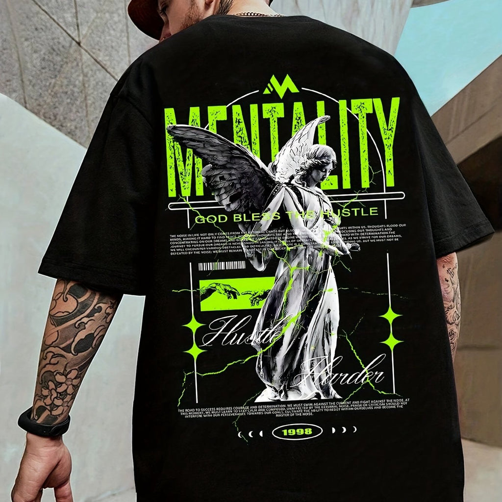 T-shirt casual da uomo Valstrend con stampa "MENTALITY" a girocollo, maniche corte, stile estivo alla moda.