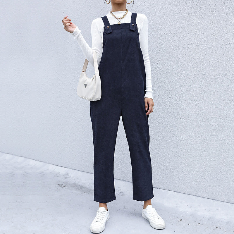 Pantaloni donna autunno in velluto a coste, larghi, a tinta unita con bretelle, marca Valstrend, stile casual e caldo