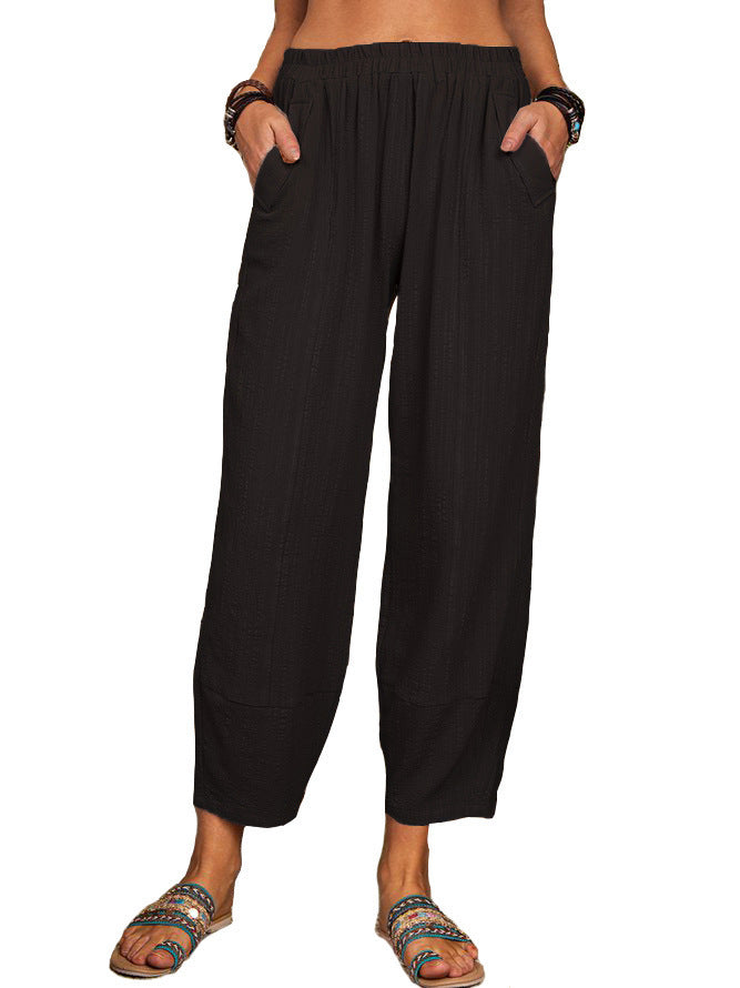 Pantaloni casual larghi in cotone e lino per donna, colore solido, stile comodo e rilassato, firma Valstrend shop.