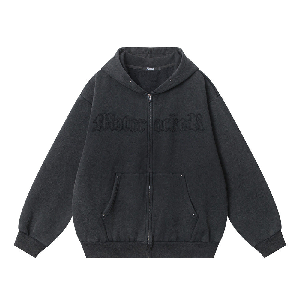 Embroidered Letters Washed And Worn Fleece Cardigan Sweatshirt