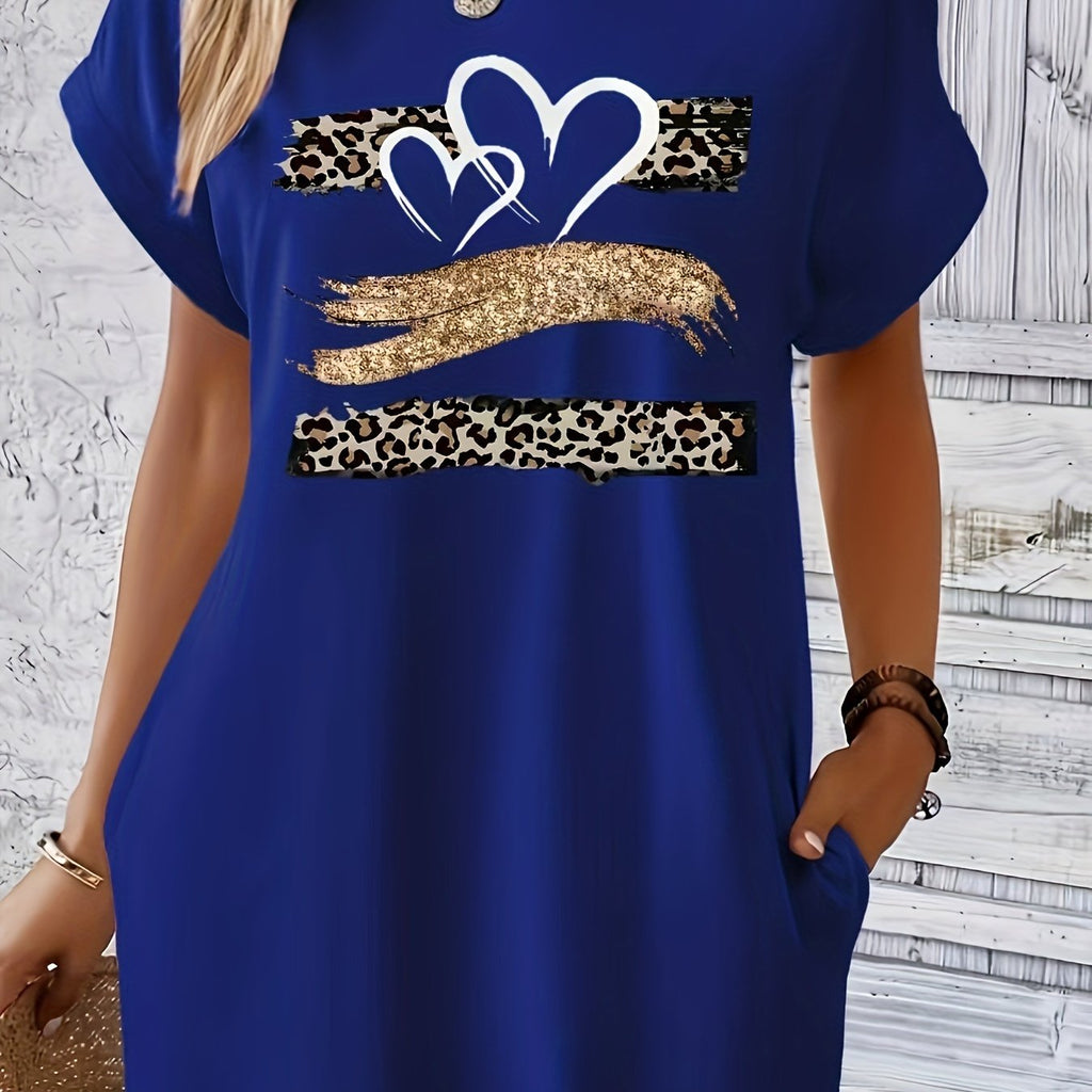 Heart & Leopard Print Dress With Pockets, Short Sleeve Crew Neck Casual Dress For Summer & Spring, Women's Clothing