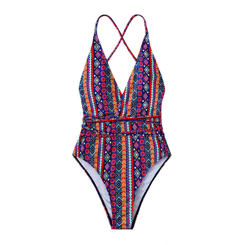 New Bohemian Swimsuit Deep V Strap One-piece Swimsuit For Women