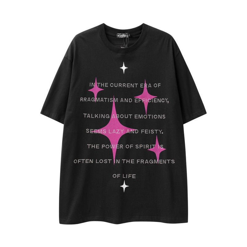 Maglietta corta con maniche corte, stampa lettera e strass lucidi di Valstrend, stile casual e alla moda.
