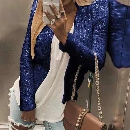 Giacca casual corta da donna Valstrend con blocchi di colore e paillettes, stile alla moda e vivace, ideale per un look trendy.