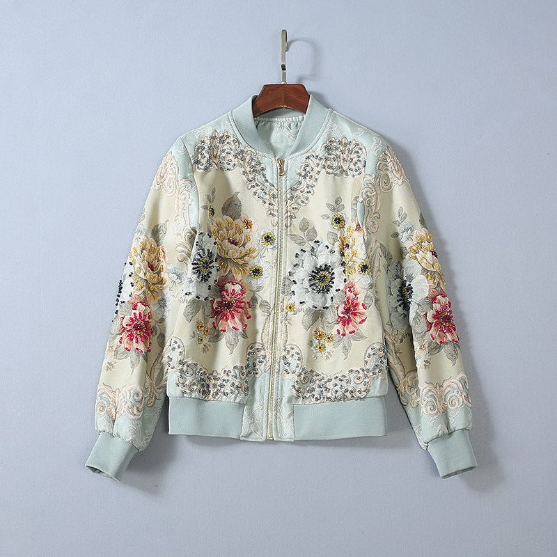 Giacca da baseball lunga donna Valstrend con lavorazione a rilievo peonia e dettagli di cristalli, design elegante e moderno.