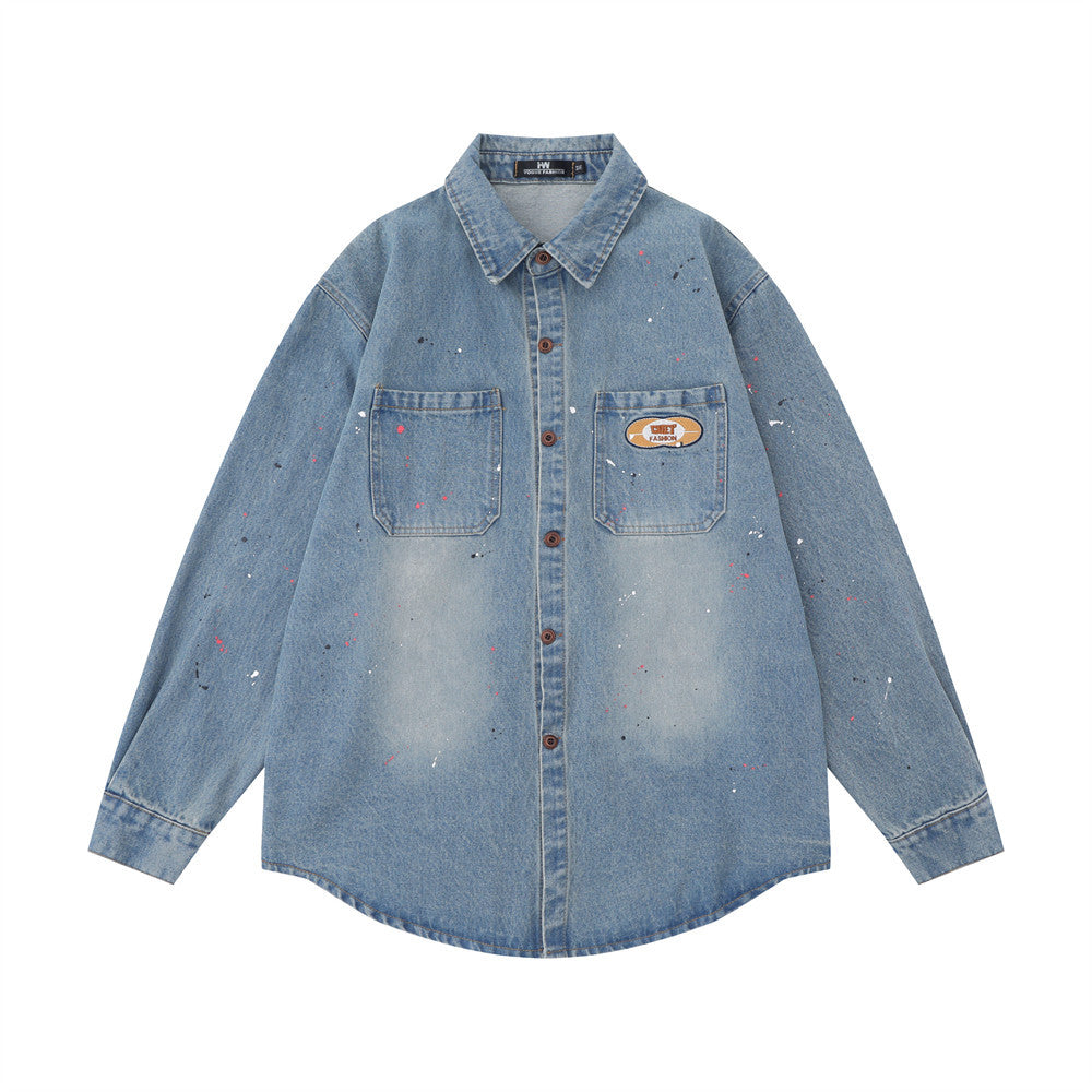 Denim Long Sleeve Shirt Coat Casual Splash-ink Pocket Embroidered Lapel Loose Top