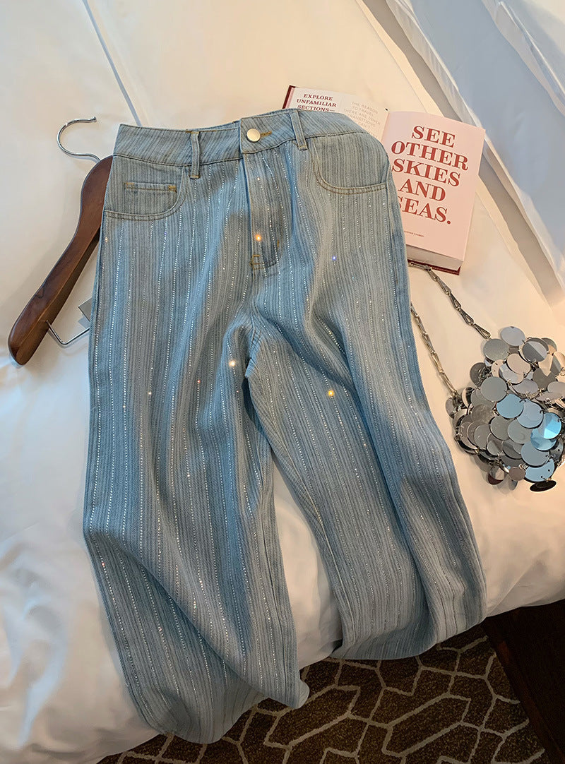 Light Blue Classic Style Rhinestone Straight Jeans